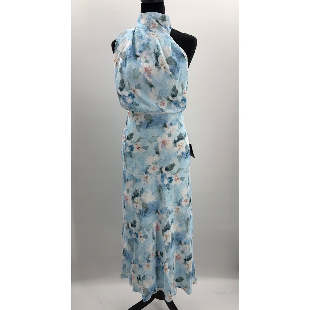 Lulus Distinctive Charm Blue Floral Satin Asymmetrical Midi Dress Small NWT